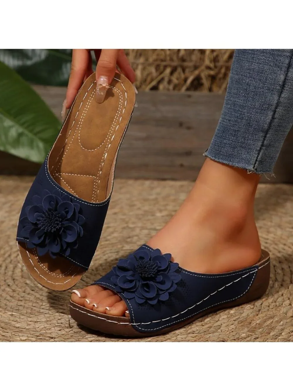 Women's Blue Faux Leather Summer Wedge Low Open Toe Slides Dressy Flower Sandals